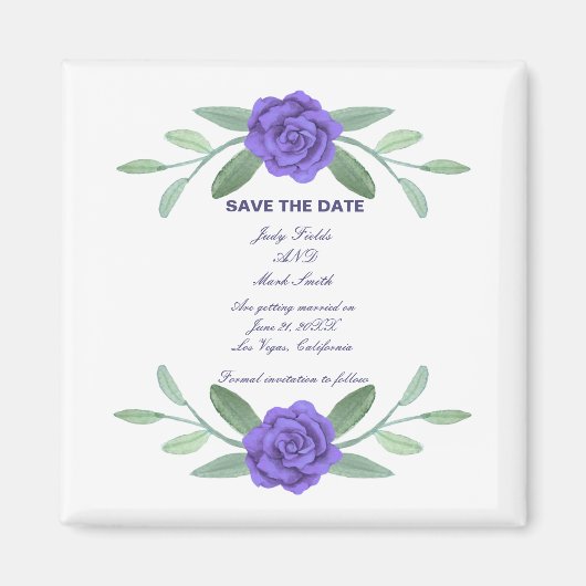 紫青のフローラの緑の葉が日付を保存 マグネット (正面)