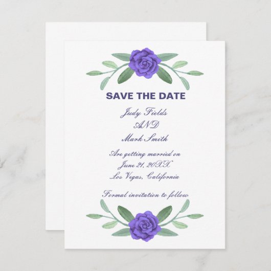 紫青のフローラの緑の葉が日付を保存 案内状 (正面/裏面)