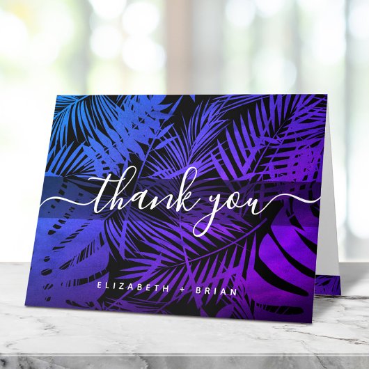 紫青の熱帯ヤシの葉のパターンのスクリプト名 サンキューカード