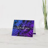 紫青の熱帯ヤシの葉のパターンのスクリプト名 サンキューカード (正面)