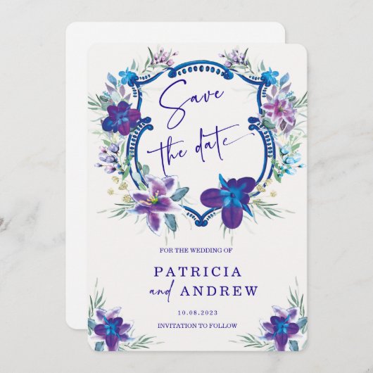 紫青の蘭の結婚式の日付の招待を保存 招待状 (正面/裏面)