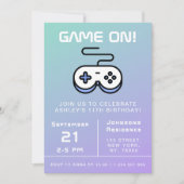 紫青ゲームオン ゲーマーキッズ誕生日パーティーファン 招待状 (正面)