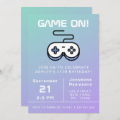 紫青ゲームオン ゲーマーキッズ誕生日パーティーファン 招待状 (正面/裏面)