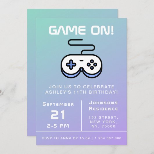 紫青ゲームオン ゲーマーキッズ誕生日パーティーファン 招待状 (正面/裏面)