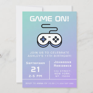 紫青ゲームオン ゲーマーキッズ誕生日パーティーファン 招待状