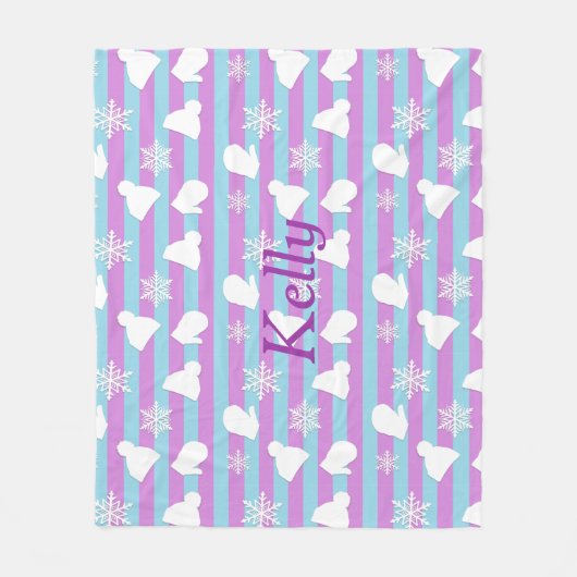 紫青パーソナライズされた雪が帽子をミトン フリースブランケット (正面)