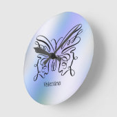 紫青ホログラフィックバタフライモノグラム名  ラウンド壁時計 (傾斜)