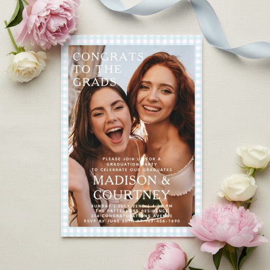 紫青モダンギンガム写真卒業パーティー アクリル招待状