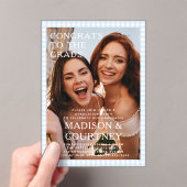 紫青モダンギンガム写真卒業パーティー アクリル招待状 (インサイチュ (ポータブル))