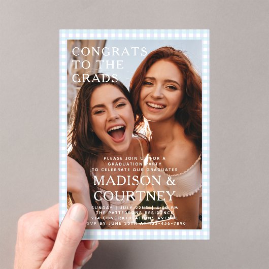 紫青モダンギンガム写真卒業パーティー アクリル招待状 (インサイチュ (ポータブル))