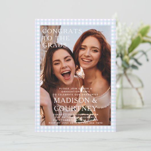 紫青モダンギンガム写真卒業パーティー 招待状 (スタンド正面)