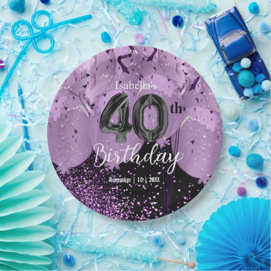 紫風船とグリッター40歳の誕生日 ペーパープレート (パーティー)