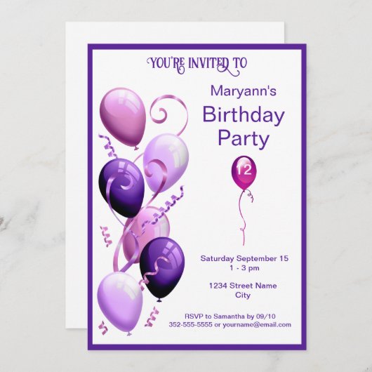 紫風船誕生日パーティー 招待状 (正面/裏面)