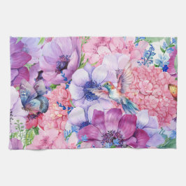 紫鮮やかとピンクの花 キッチンタオル