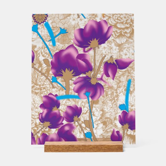 紫鮮やかと青のfを特徴とする花柄 アクリルサイン (正面)
