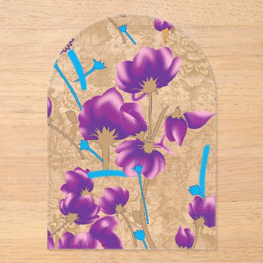 紫鮮やかと青のfを特徴とする花柄 アクリル招待状 (正面)