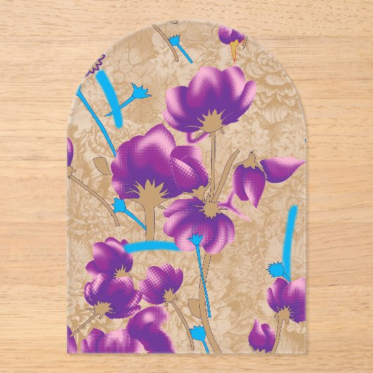 紫鮮やかと青のfを特徴とする花柄 アクリル招待状 (正面)