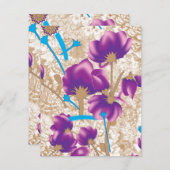 紫鮮やかと青のfを特徴とする花柄 エンクロージャーカード (正面/裏面)