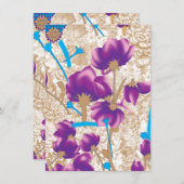 紫鮮やかと青のfを特徴とする花柄 エンクロージャーカード (正面/裏面)