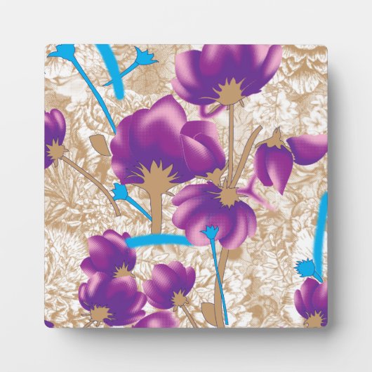 紫鮮やかと青のfを特徴とする花柄 フォトプラーク (正面)
