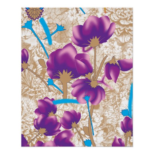 紫鮮やかと青のfを特徴とする花柄 ポスター (正面)