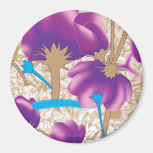 紫鮮やかと青のfを特徴とする花柄 マグネット (正面)