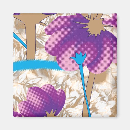 紫鮮やかと青のfを特徴とする花柄 マグネット (正面)