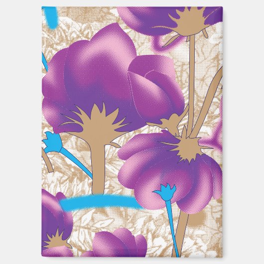 紫鮮やかと青のfを特徴とする花柄 マグネット (正面)