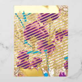 紫鮮やかと青のfを特徴とする花柄 箔シーズンポストカード