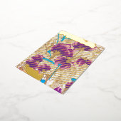 紫鮮やかと青のfを特徴とする花柄 箔シーズンポストカード (回転した状態)