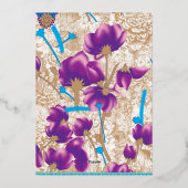 紫鮮やかと青のfを特徴とする花柄 箔招待状 (裏面)