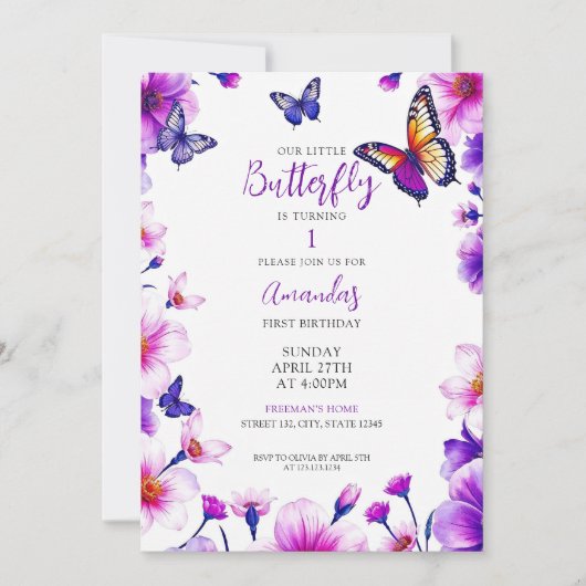 紫鮮やかフローラ蝶1st誕生日 招待状 (正面)