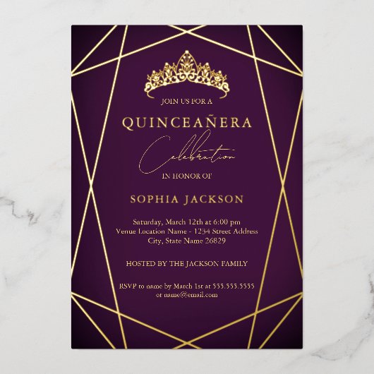 紫鮮やか幾何学模様金ゴールドエレガントキンセアニェラ 箔招待状 (正面)