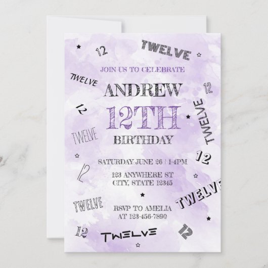 紫鮮やか水彩12番目の数字誕生日 招待状 (正面)