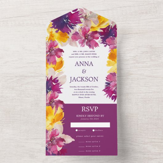 紫鮮やか紫イエローフローラ結婚ズ オールインワン招待状 (内側)
