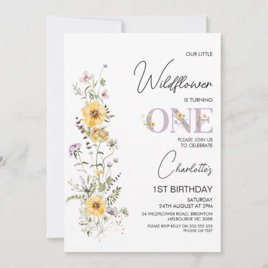紫黄ワイルドフラワーブーケ1st誕生日 招待状 (正面)