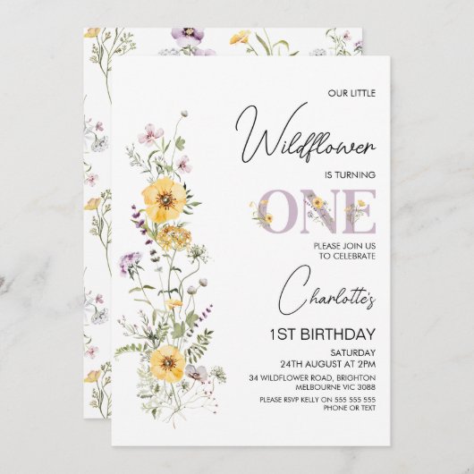 紫黄ワイルドフラワーブーケ1st誕生日 招待状 (正面/裏面)