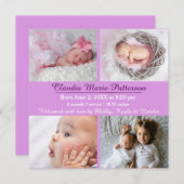 紫4枚の写真 – 誕生のお知らせ 案内状 (正面/裏面)