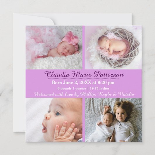 紫4枚の写真 – 誕生のお知らせ 案内状 (正面)