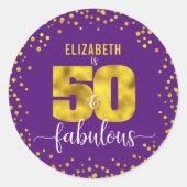 紫50と素晴らしい誕生日金ゴールドグリッタードット ラウンドシール (正面)