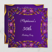 紫50歳の誕生日パーティフラワーパープル 招待状 (正面/裏面)