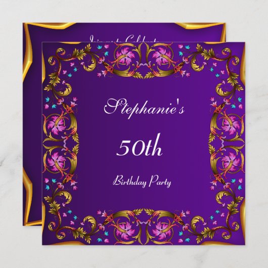 紫50歳の誕生日パーティフラワーパープル 招待状 (正面/裏面)