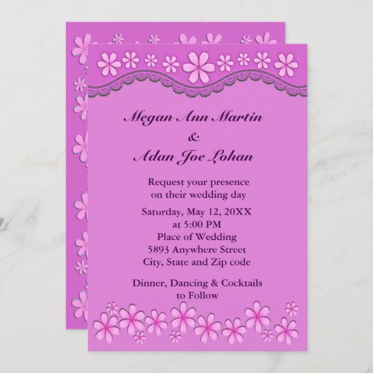 紫6花弁ピンクの花結婚式招待状 招待状 (正面/裏面)
