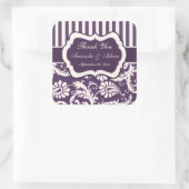 紫、アイボリー、ピンクのダマスクストライプのウェディングステッカー スクエアシール (バッグ)