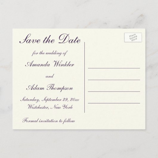 紫、アイボリー、ピンクダマスク日付カードを保存 案内ポストカード (裏面)