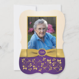 紫、アイボリー、金ゴールド75thフォト誕生日招待状 招待状