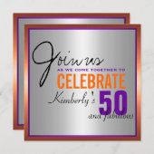 紫 + オレンジ + シルバー - 50歳の誕生日 招待状 (正面/裏面)