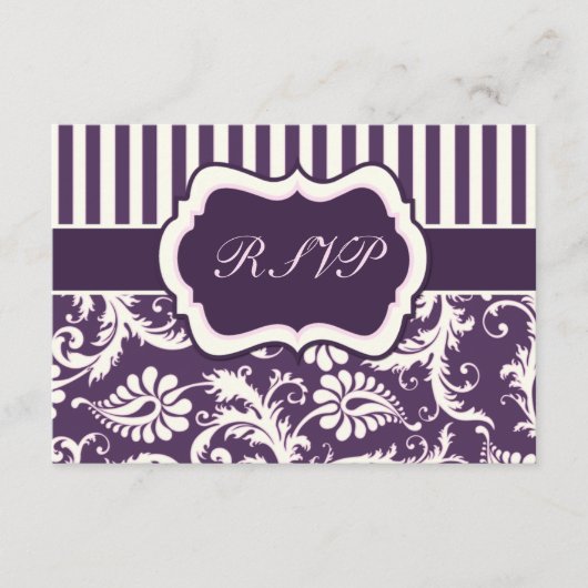 紫、クリーム、ピンクのストライプ柄のダマスク返信カード 出欠カード (正面)