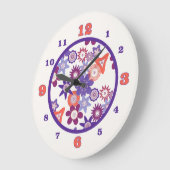 紫/サンゴファンタジーの花柄 ラージ壁時計 (傾斜)
