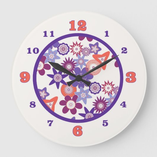 紫/サンゴファンタジーの花柄 ラージ壁時計 (正面)